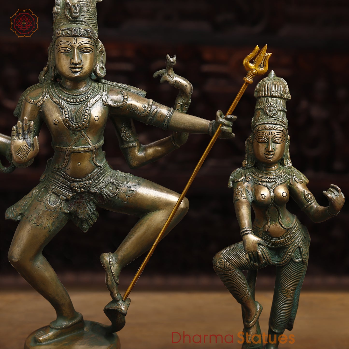 Brass Dancing Shiva and Parvati Statue, Antique Golden & Green Finish, 22"