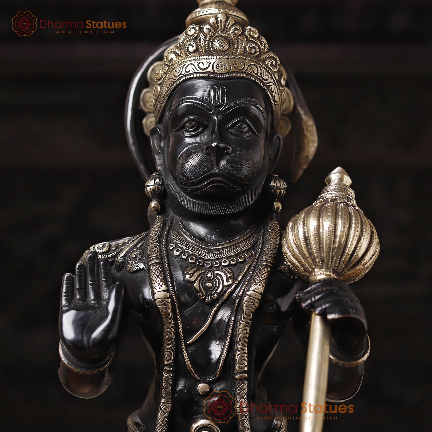 Brass Hanuman Idol, Standing, Fine Black Patina Finish 23"