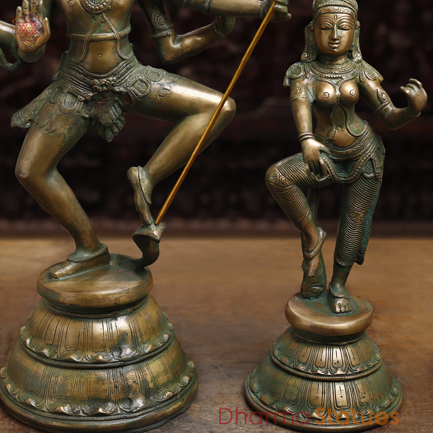 Brass Dancing Shiva and Parvati Statue, Antique Golden & Green Finish, 22"