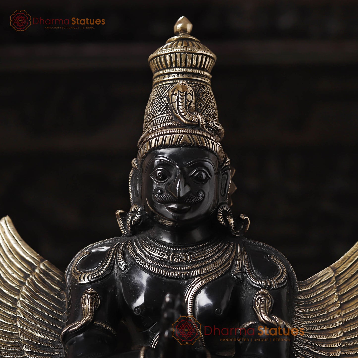 Brass Garuda Standing On Pedestal, Black Gold Finish 22"