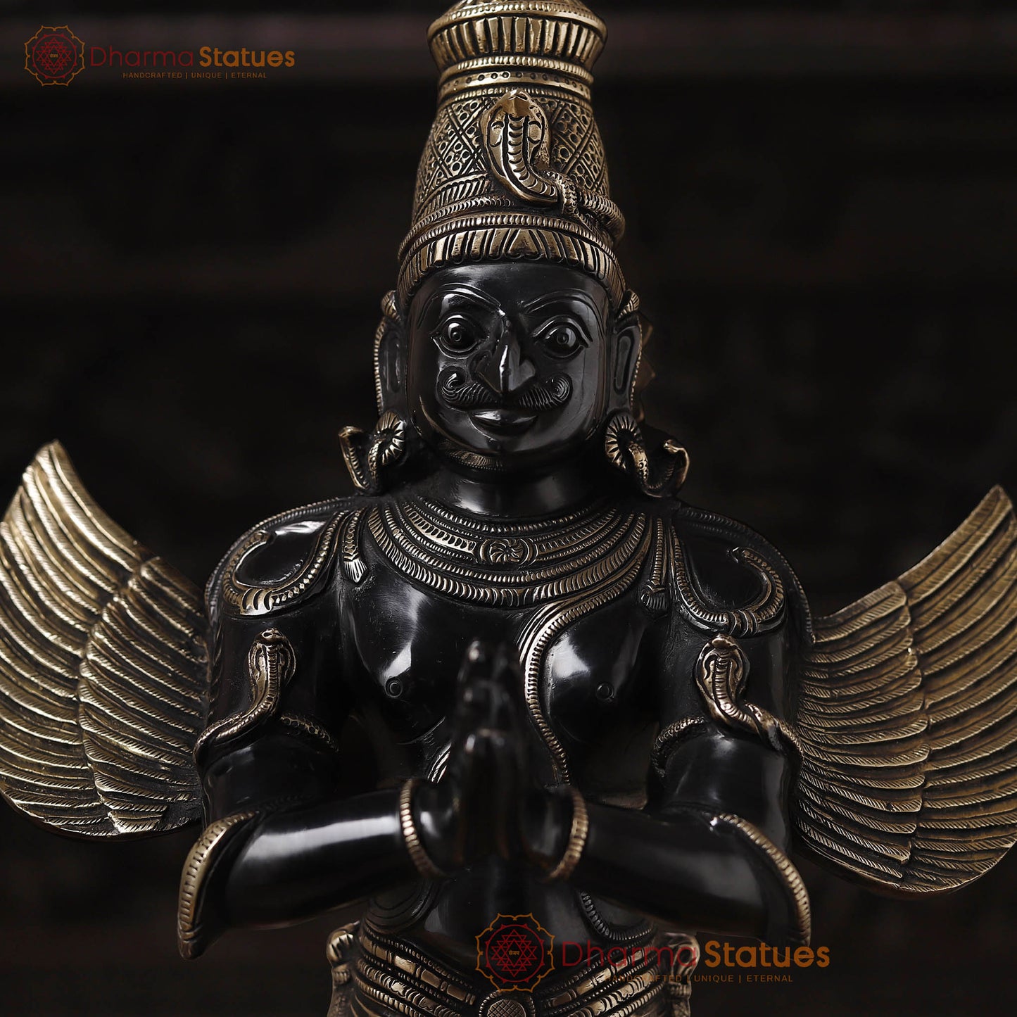 Brass Garuda Standing On Pedestal, Black Gold Finish 22"
