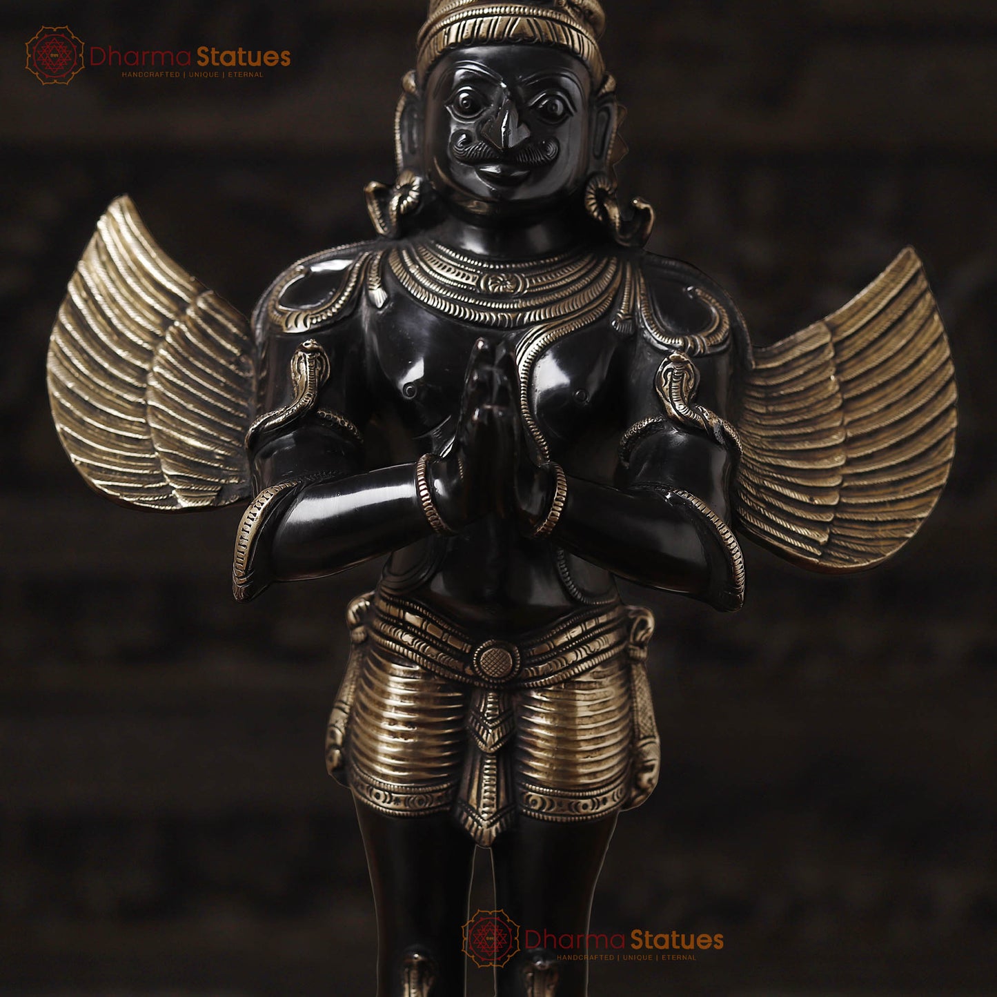 Brass Garuda Standing On Pedestal, Black Gold Finish 22"