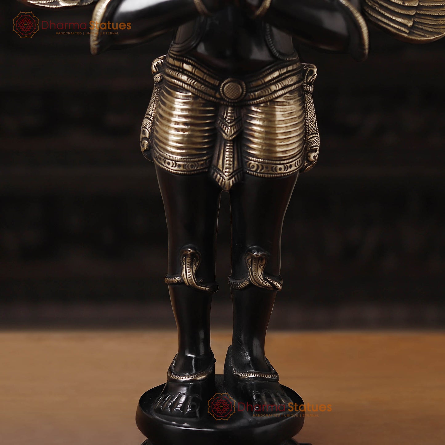Brass Garuda Standing On Pedestal, Black Gold Finish 22"