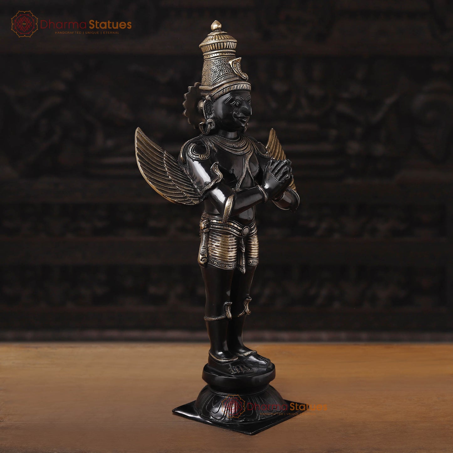 Brass Garuda Standing On Pedestal, Black Gold Finish 22"
