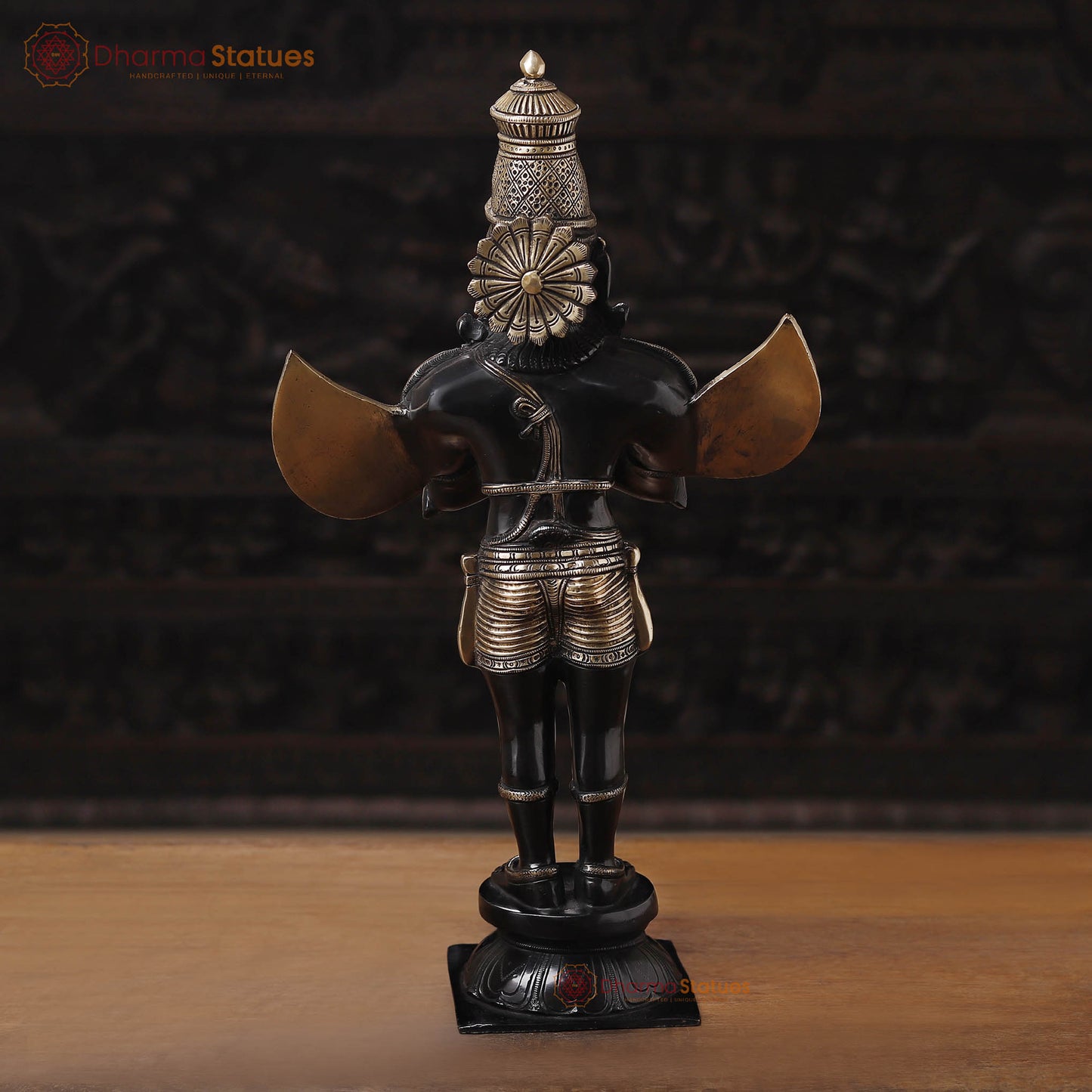 Brass Garuda Standing On Pedestal, Black Gold Finish 22"