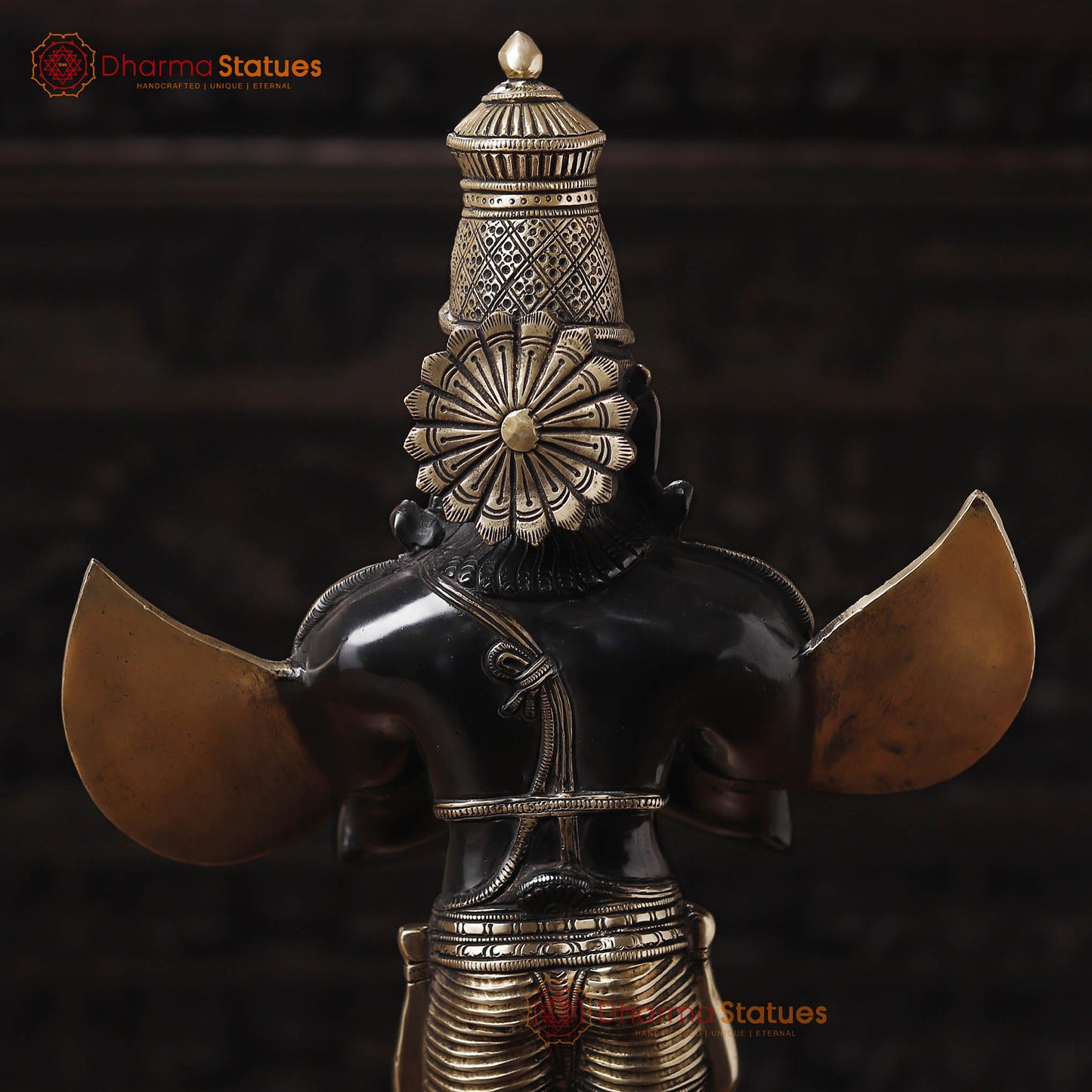 Brass Garuda Standing On Pedestal, Black Gold Finish 22"