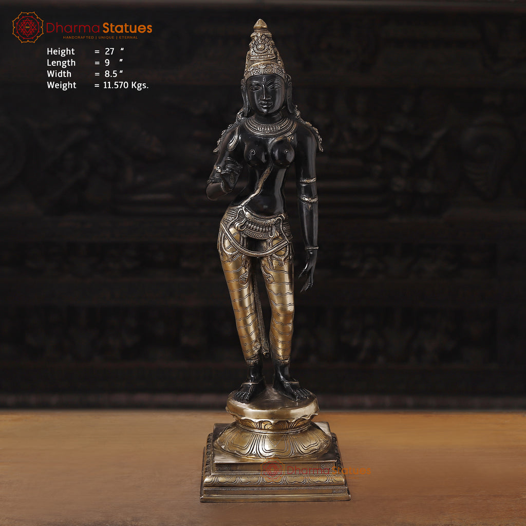 Brass Parvati Standing Fine Black Patina with Golden Hues, Carved in South India 27"