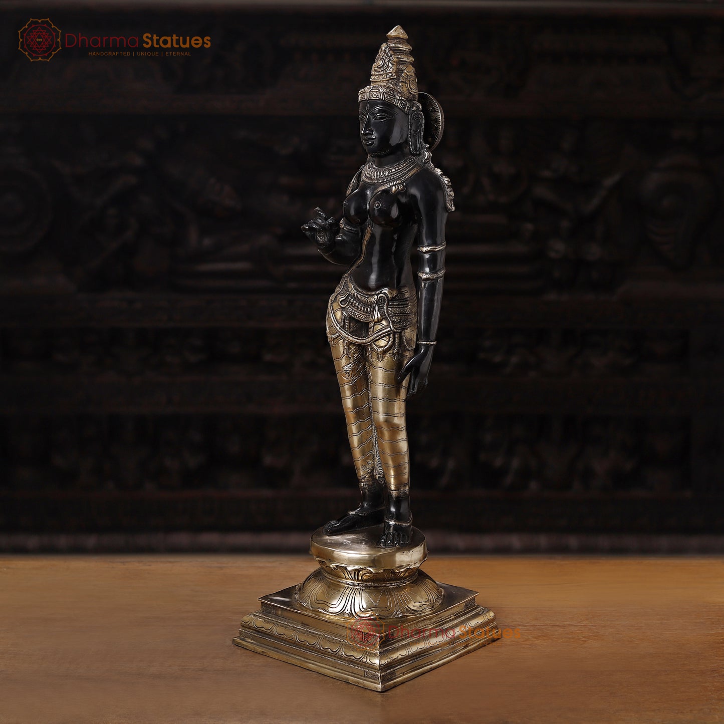 Brass Parvati Standing Fine Black Patina with Golden Hues, Carved in South India 27"