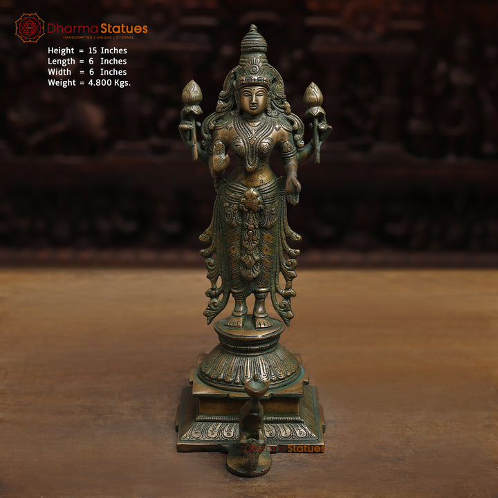 Brass Lakshmi, Antique Golden & Green Finish, 15"