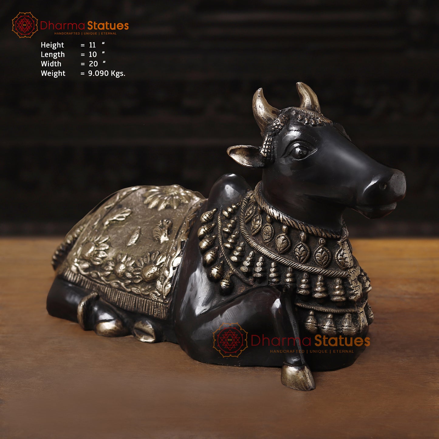 Brass Nandi Idol Seated, The Sacred Bull of Lord Shiva, Black Patina Finish with Golden Hues, 11"