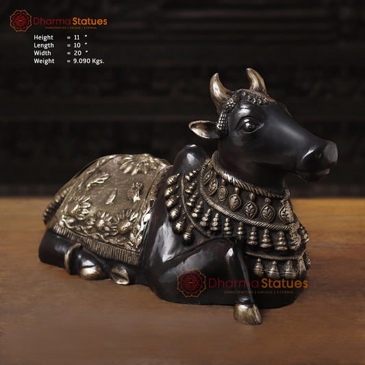 Brass Nandi Idol Seated, The Sacred Bull of Lord Shiva, Black Patina Finish with Golden Hues, 11"