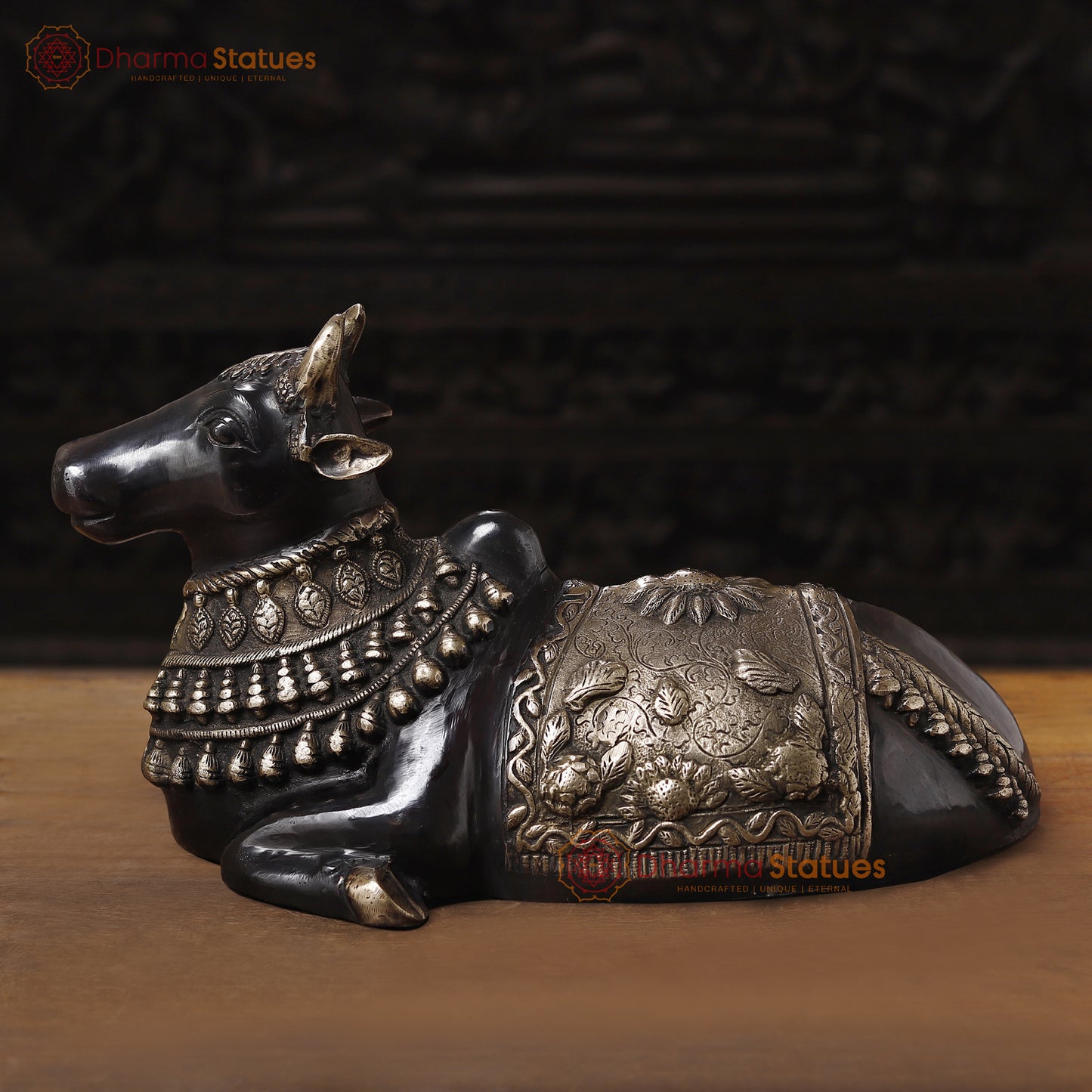 Brass Nandi Idol Seated, The Sacred Bull of Lord Shiva, Black Patina Finish with Golden Hues, 11"