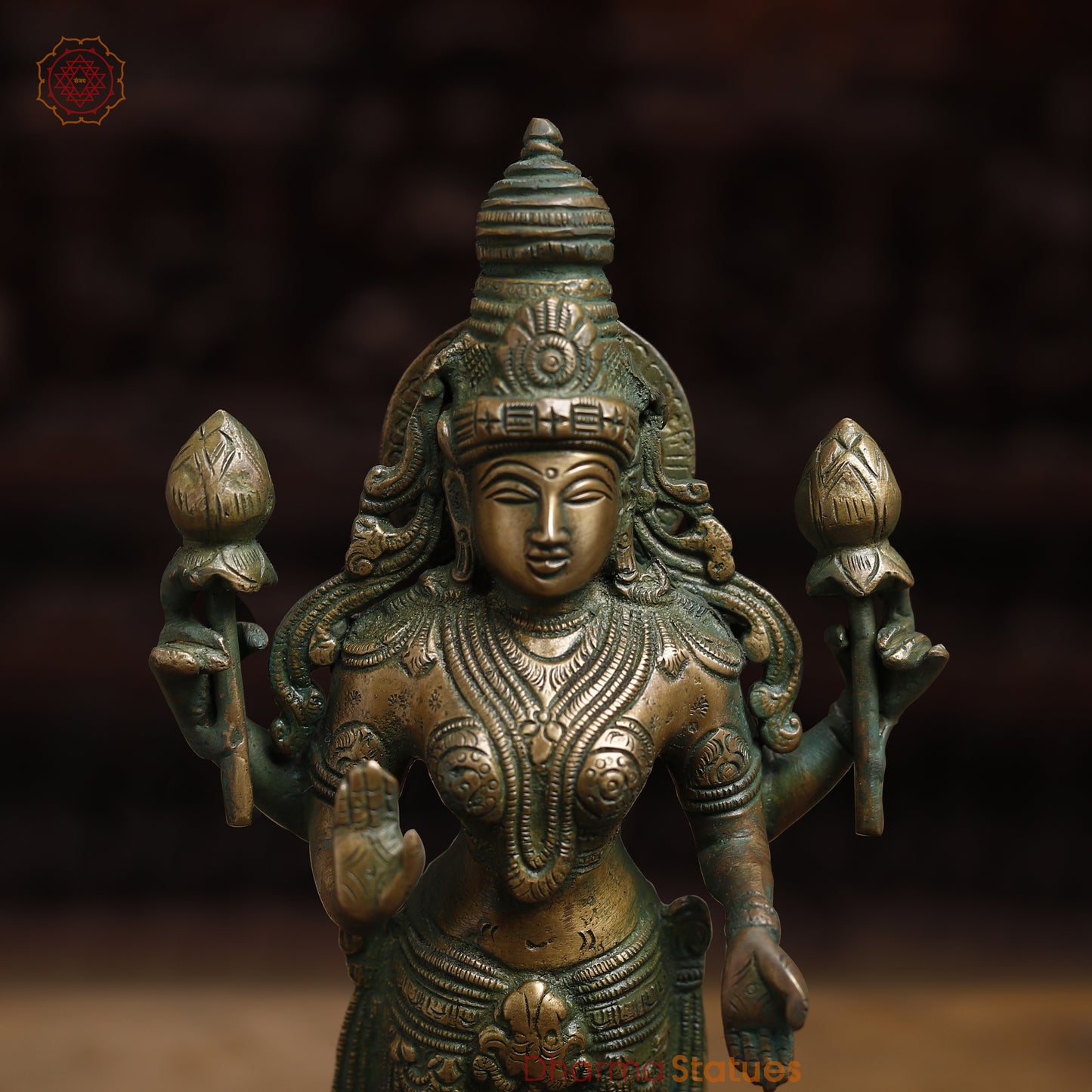 Brass Vishnu with Garuda & Lakshmi, Antique Golden & Green Finish, 15"