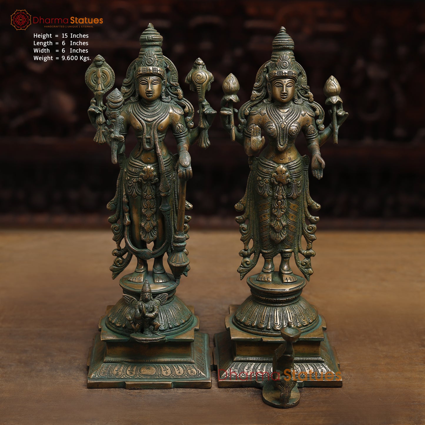 Brass Vishnu with Garuda & Lakshmi, Antique Golden & Green Finish, 15"