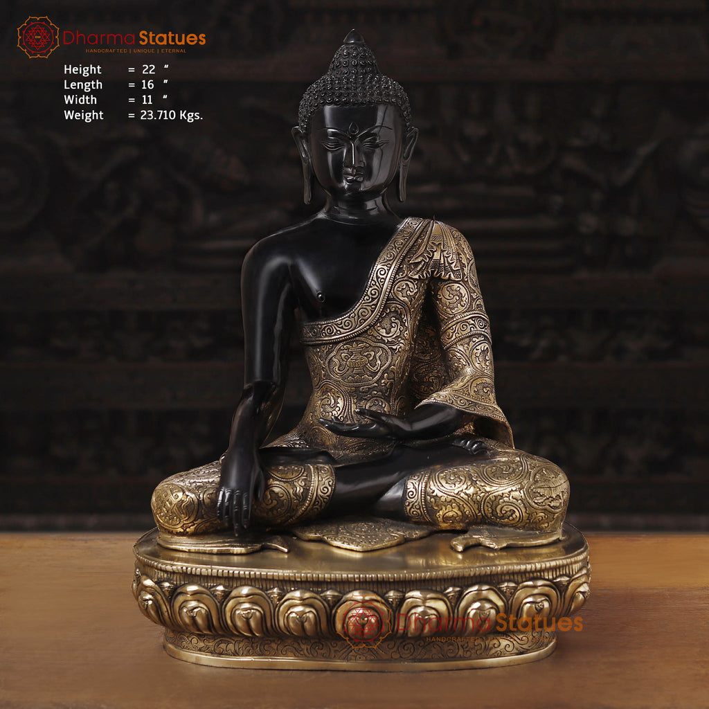 Brass Buddha Idol, Seating on a Lotus, Black Patina Golden Finish 22" Front View