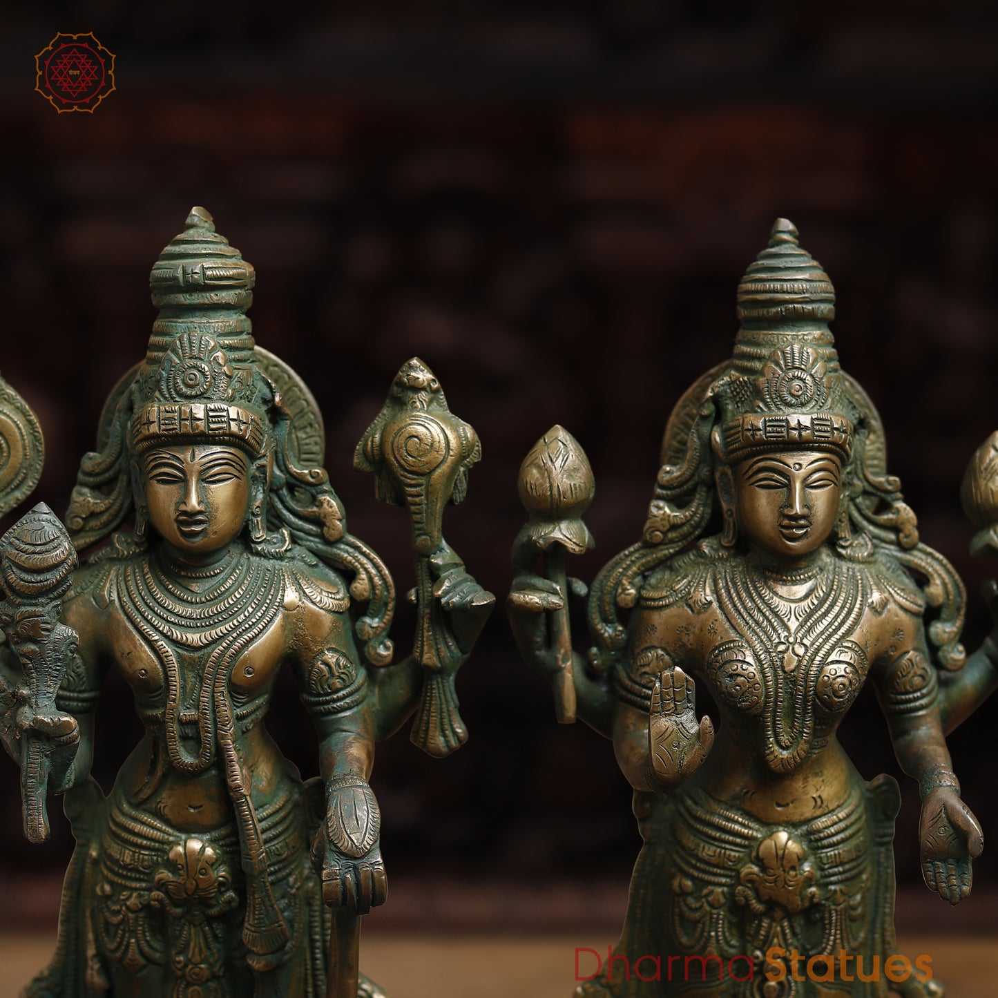 Brass Vishnu with Garuda & Lakshmi, Antique Golden & Green Finish, 15"