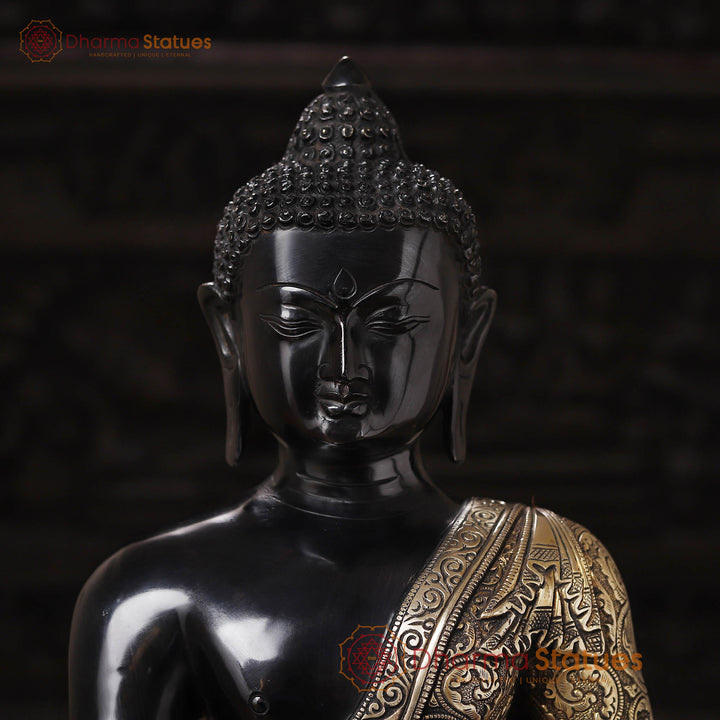 Brass Buddha Idol, Seating on a Lotus, Black Patina Golden Finish 22"