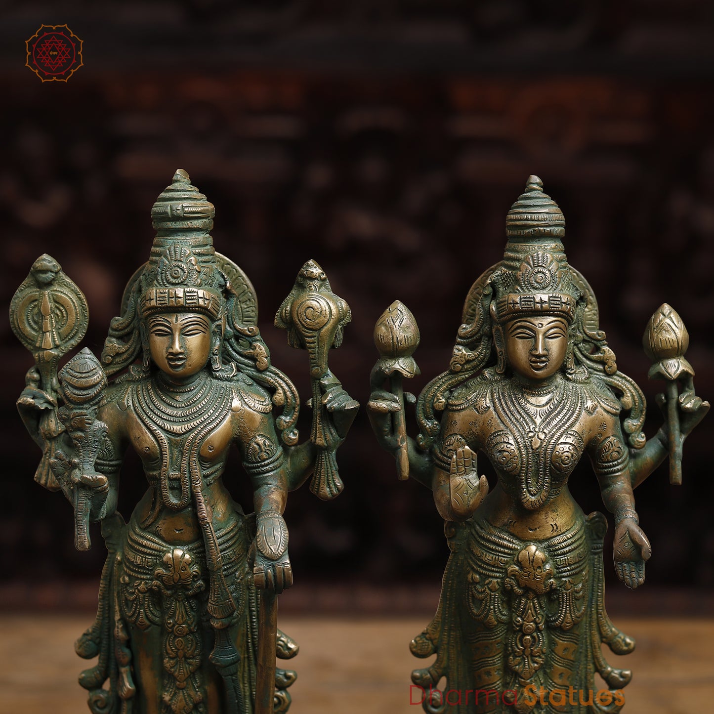 Brass Vishnu with Garuda & Lakshmi, Antique Golden & Green Finish, 15"