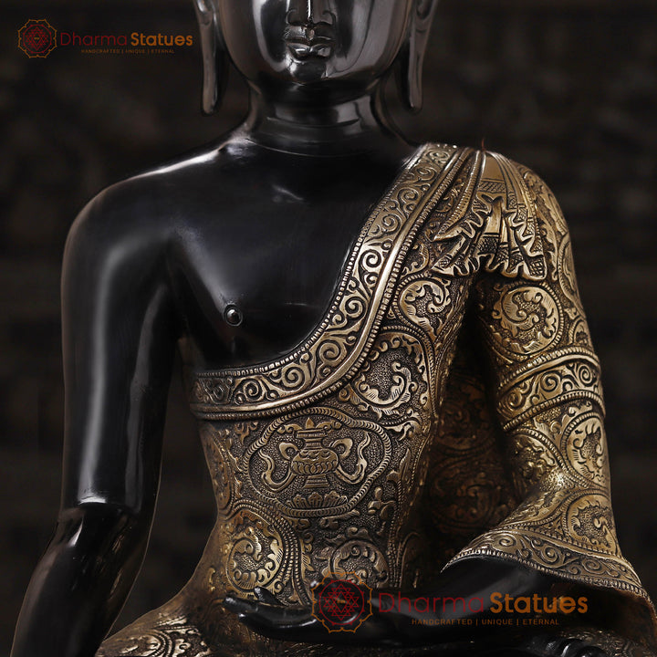 Brass Buddha Idol, Seating on a Lotus, Black Patina Golden Finish 22"