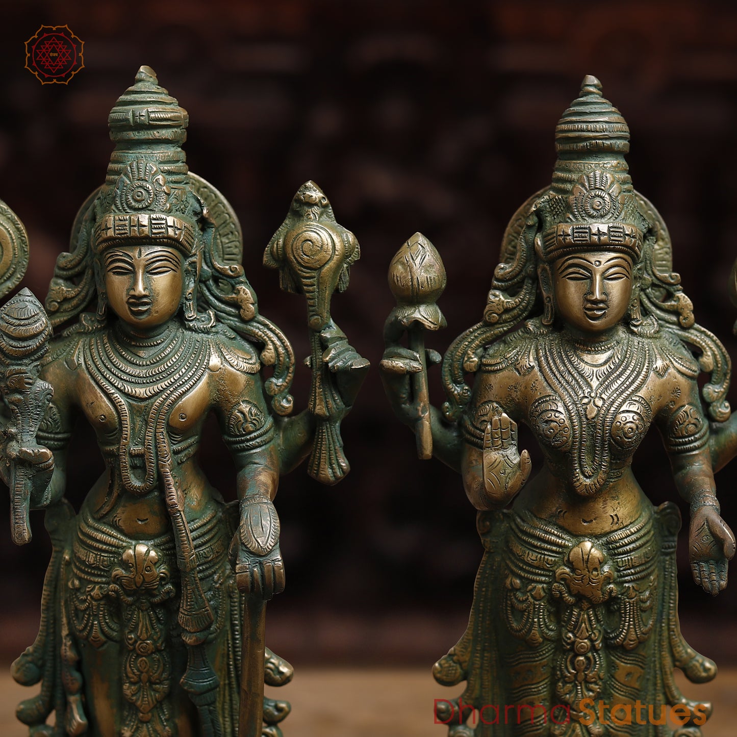 Brass Vishnu with Garuda & Lakshmi, Antique Golden & Green Finish, 15"