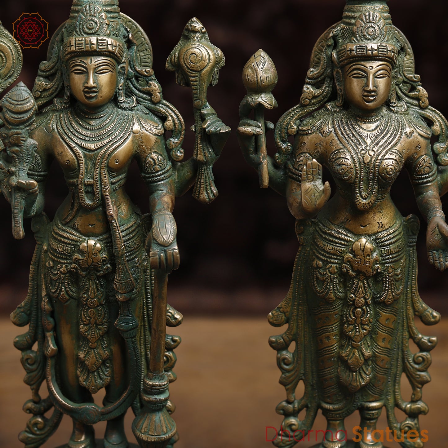 Brass Vishnu with Garuda & Lakshmi, Antique Golden & Green Finish, 15"