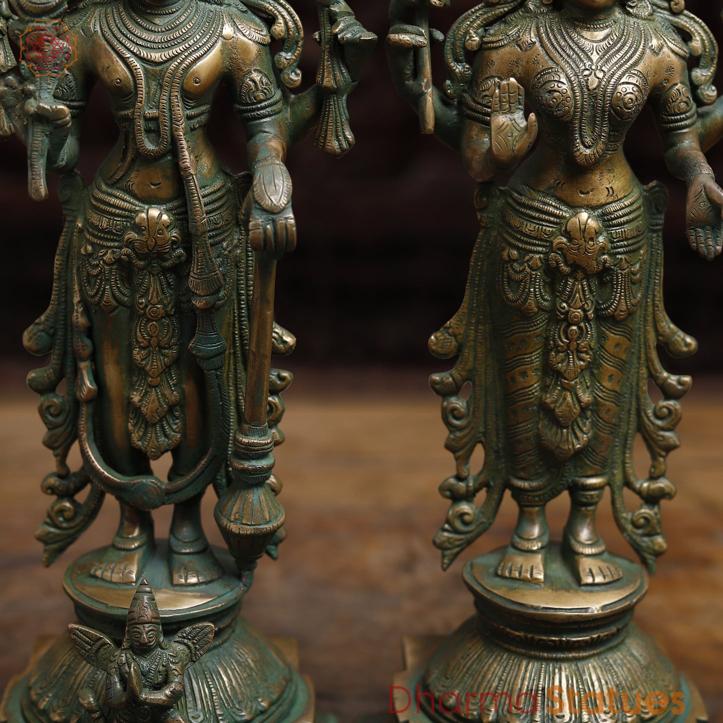 Brass Vishnu with Garuda & Lakshmi, Antique Golden & Green Finish, 15"