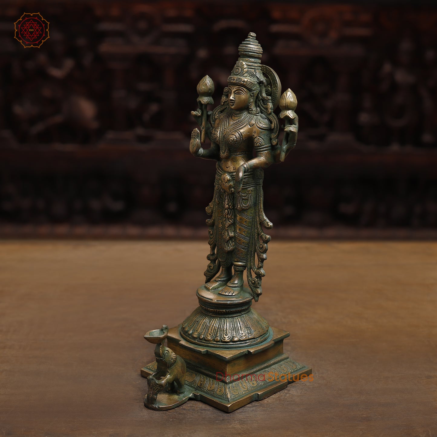 Brass Vishnu with Garuda & Lakshmi, Antique Golden & Green Finish, 15"