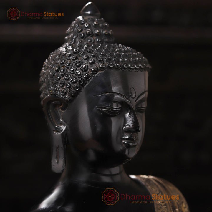 Brass Buddha Idol, Seating on a Lotus, Black Patina Golden Finish 22"