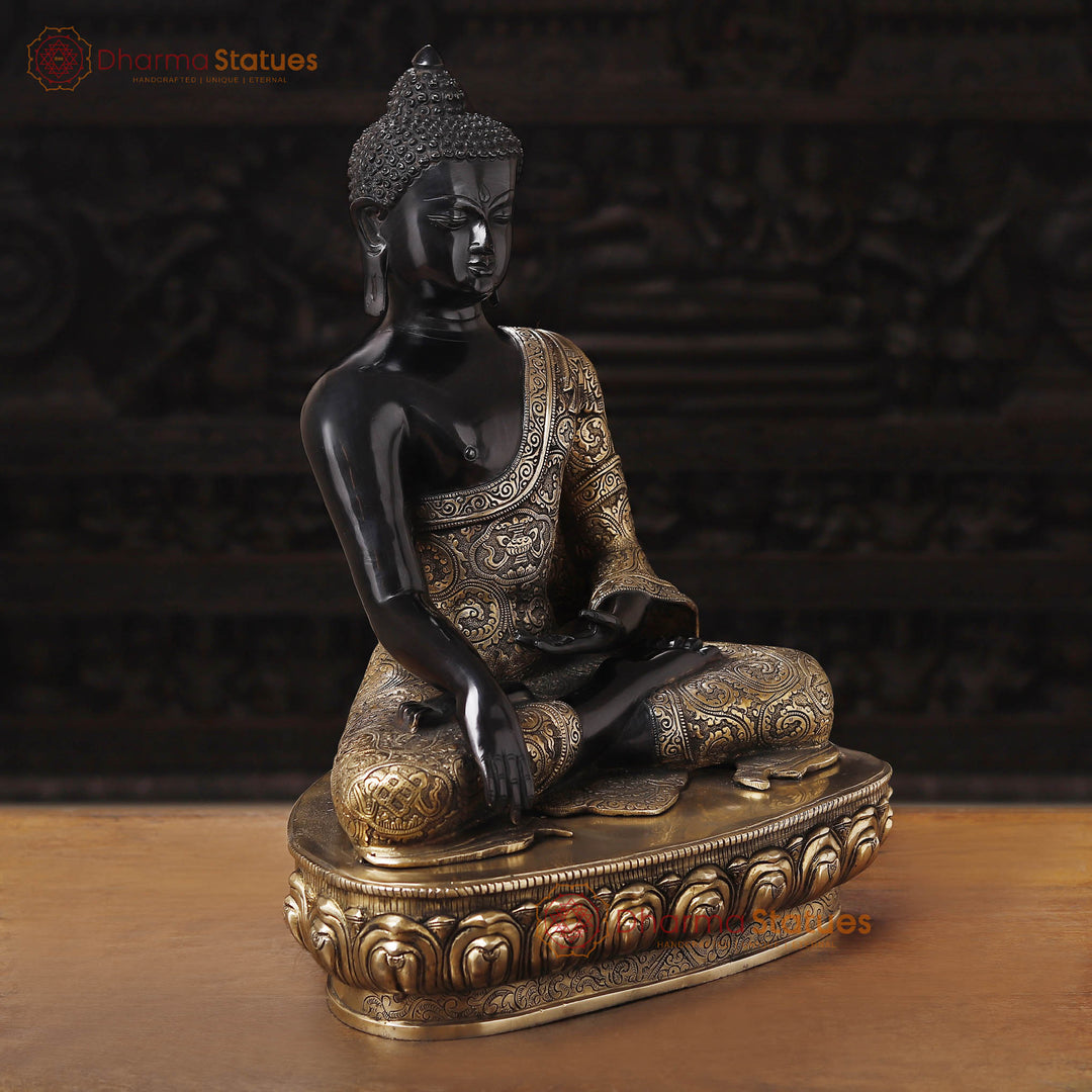 Brass Buddha Idol, Seating on a Lotus, Black Patina Golden Finish 22"