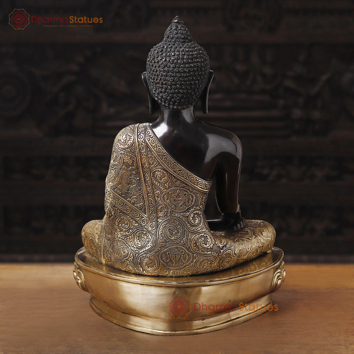 Brass Buddha Idol, Seating on a Lotus, Black Patina Golden Finish 22"