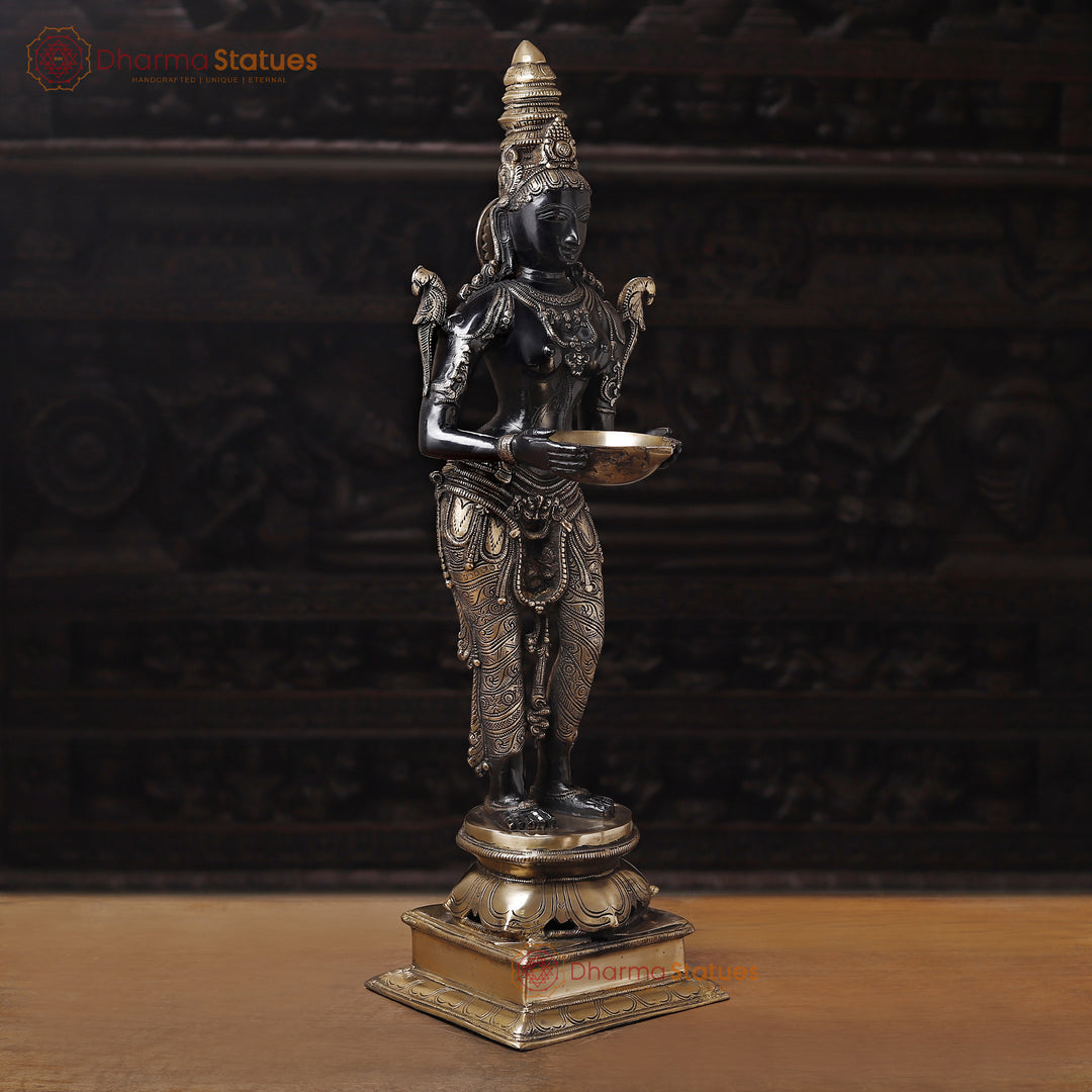 Brass Deep Lakshmi, Standing on a Platform and Holding a Diya 32"