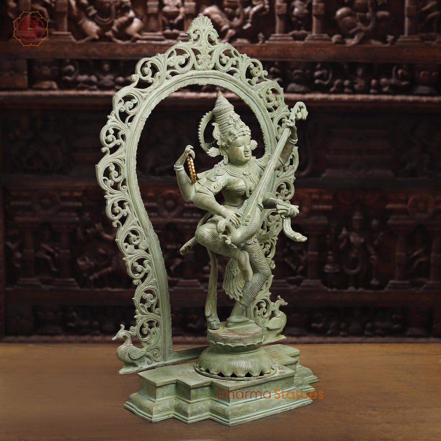 Brass Dancing Saraswati with Frame, Antique Green Finish, 32"