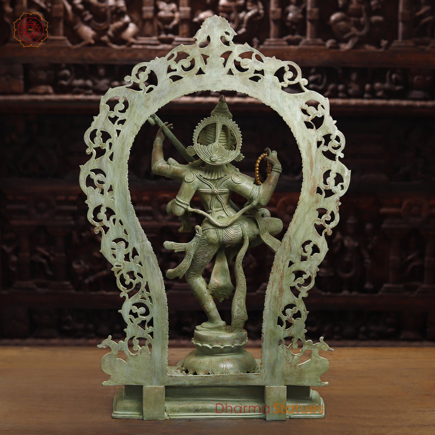 Brass Dancing Saraswati with Frame, Antique Green Finish, 32"