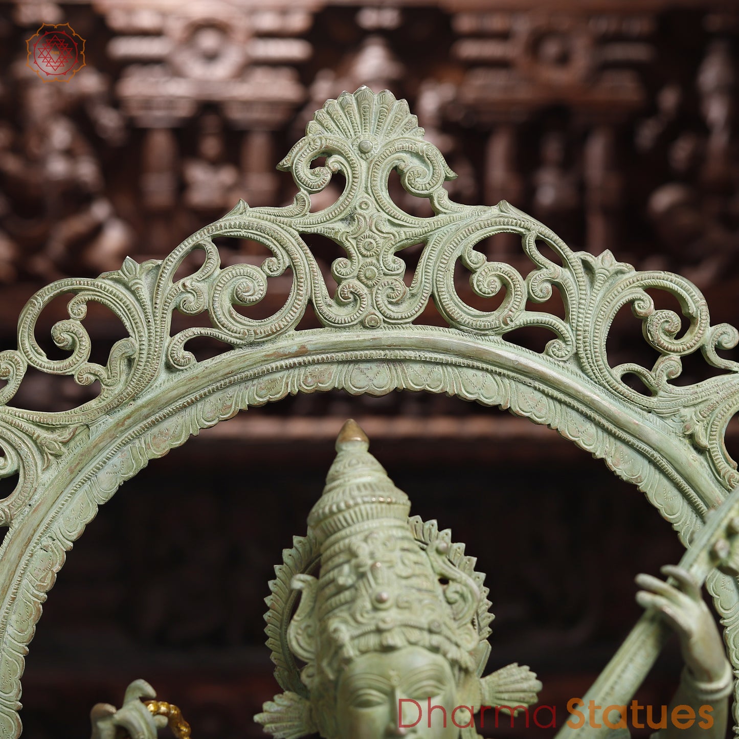 Brass Dancing Saraswati with Frame, Antique Green Finish, 32"