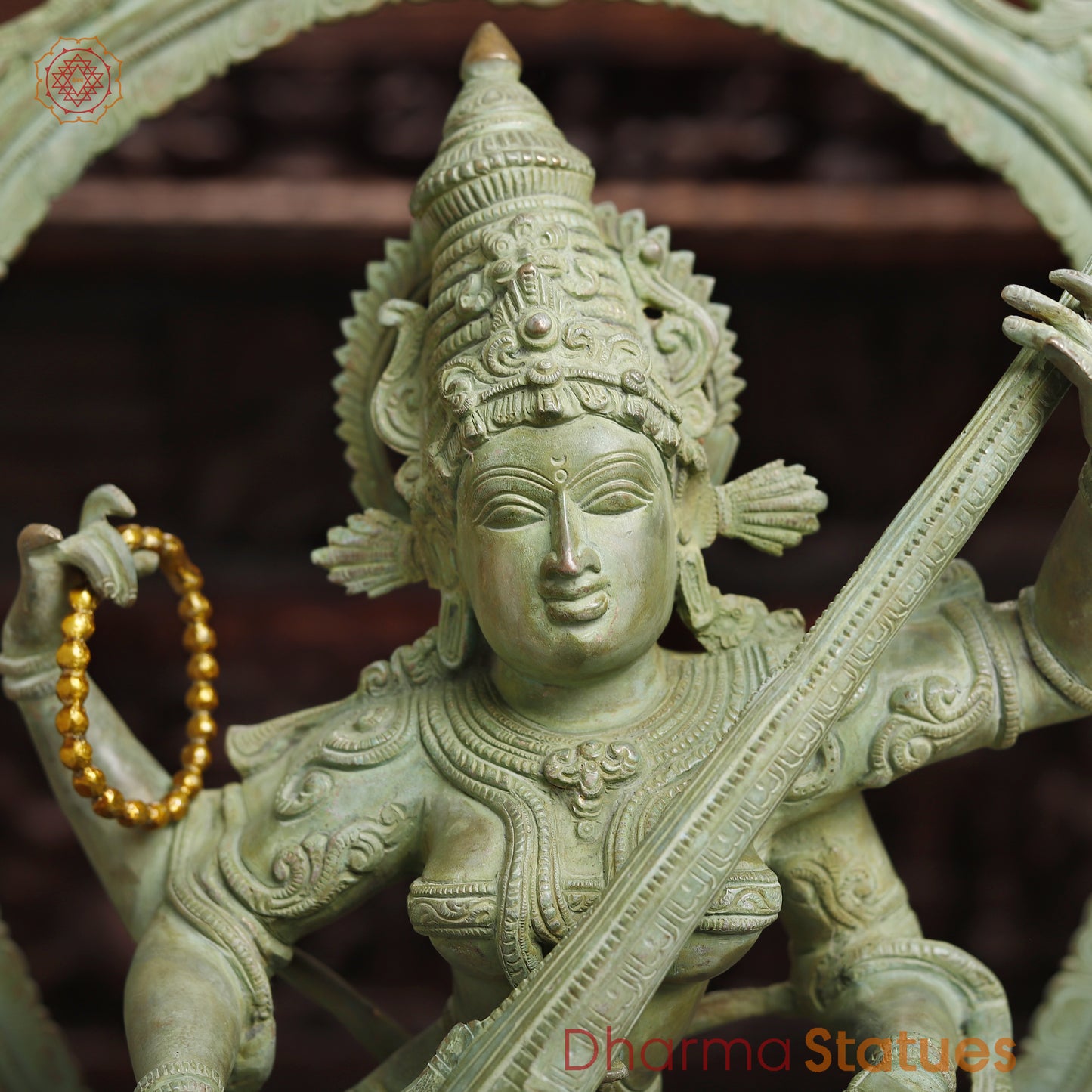 Brass Dancing Saraswati with Frame, Antique Green Finish, 32"