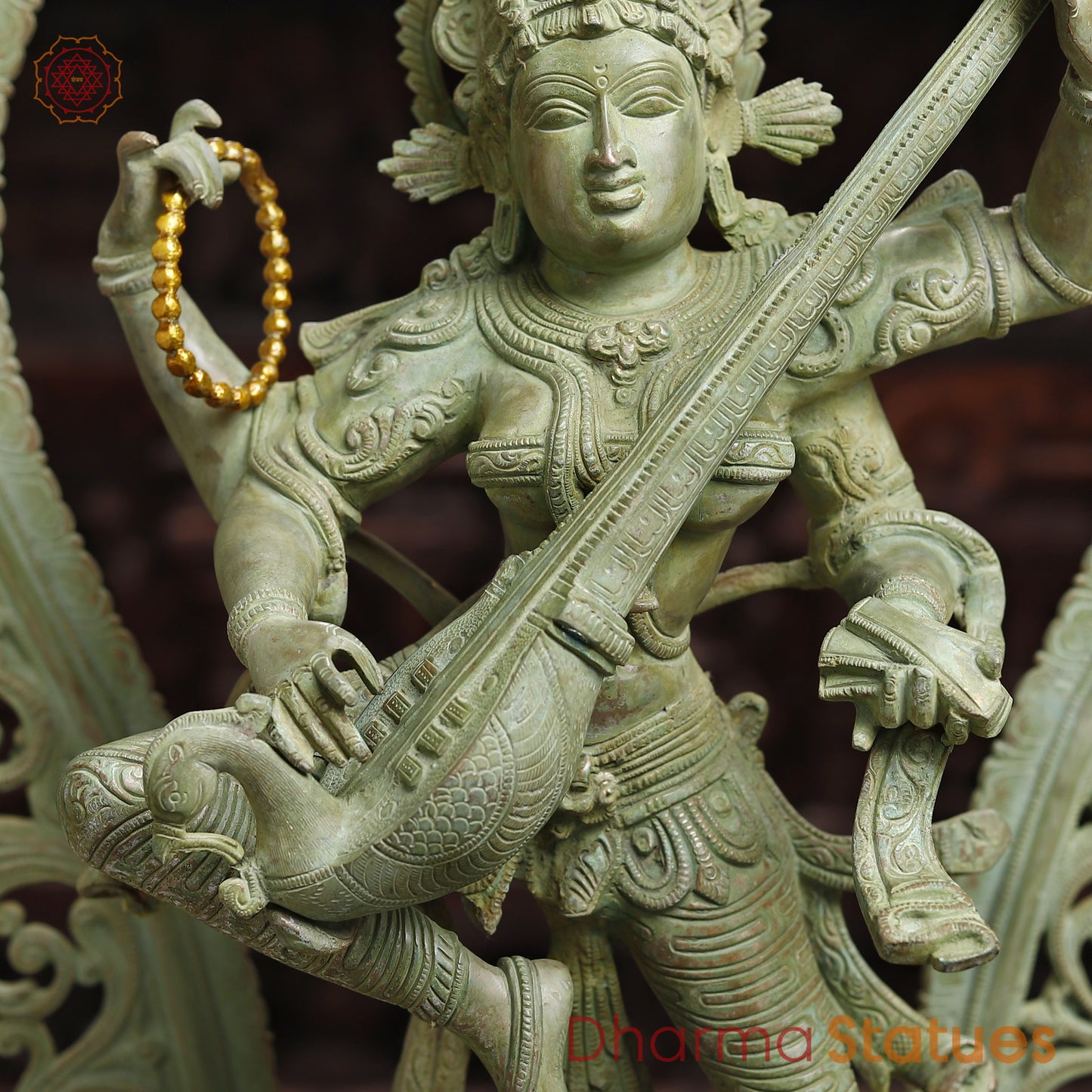 Brass Dancing Saraswati with Frame, Antique Green Finish, 32"