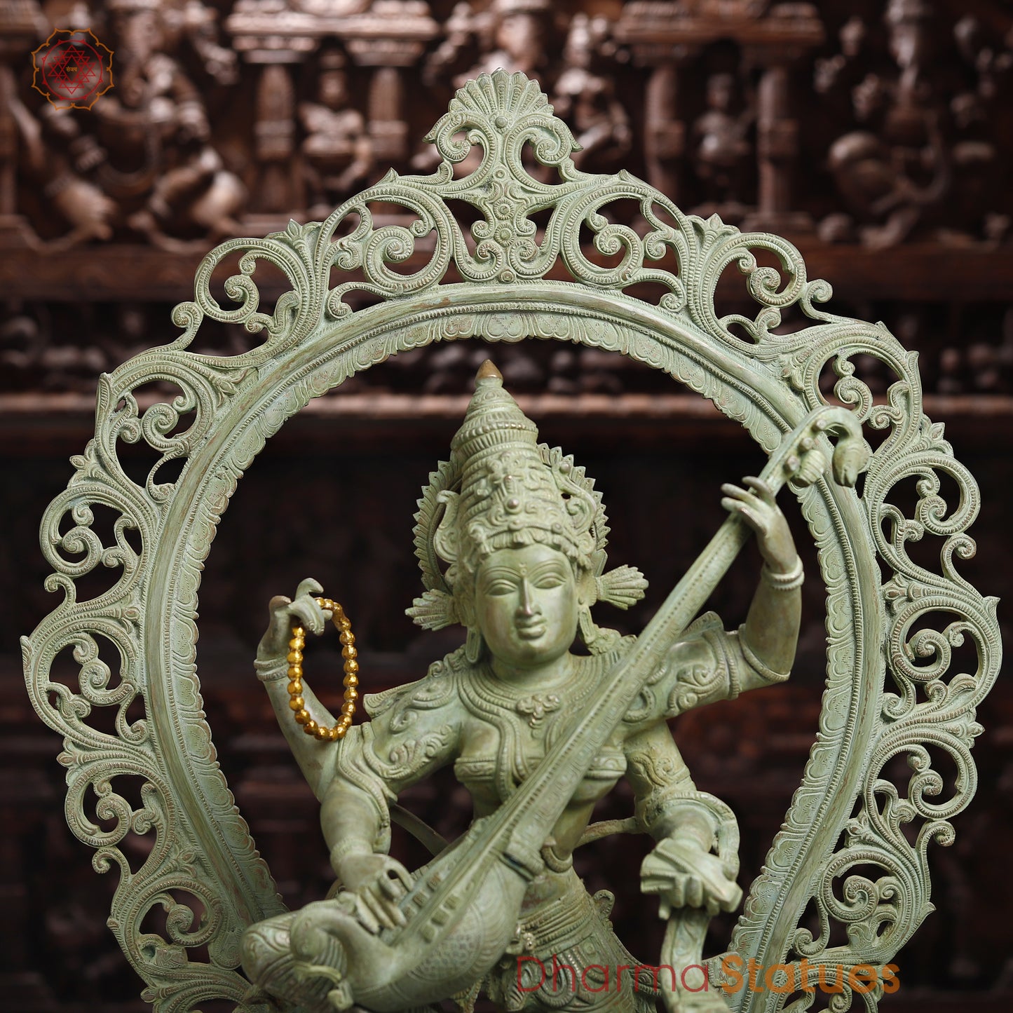 Brass Dancing Saraswati with Frame, Antique Green Finish, 32"