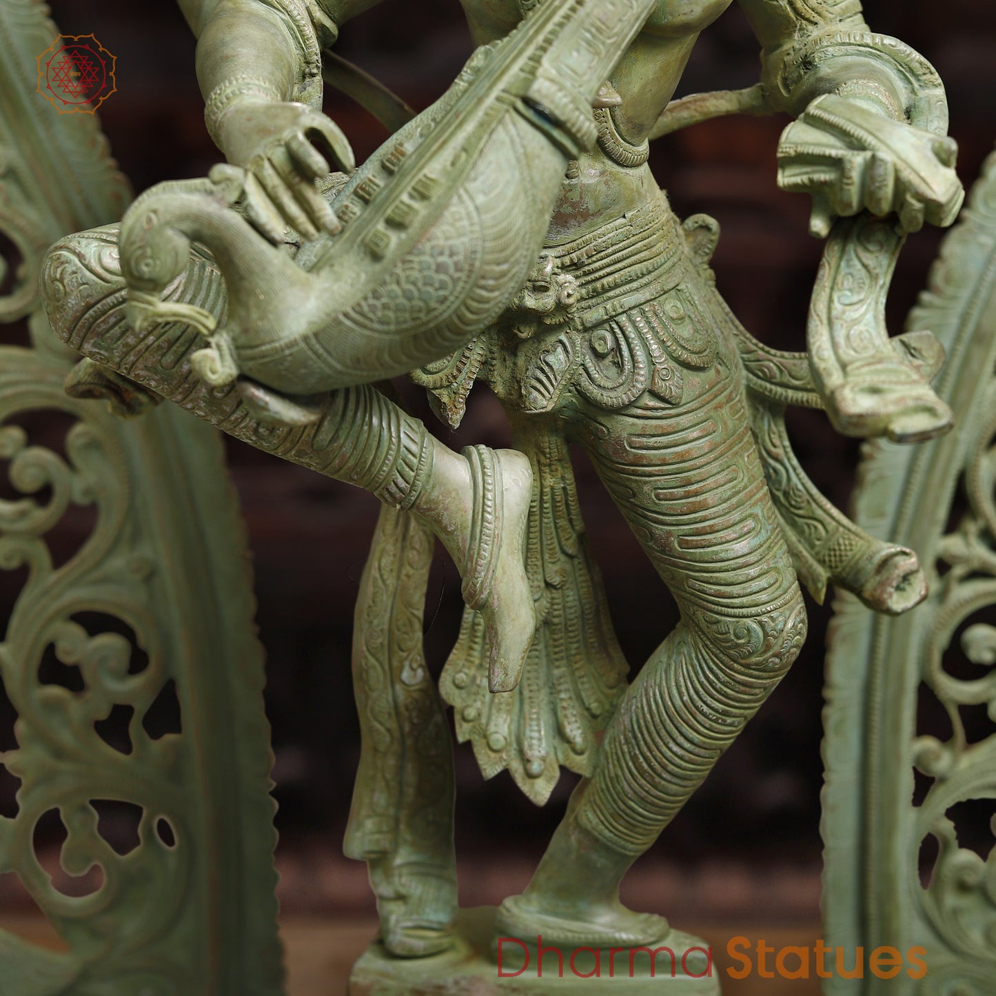 Brass Dancing Saraswati with Frame, Antique Green Finish, 32"