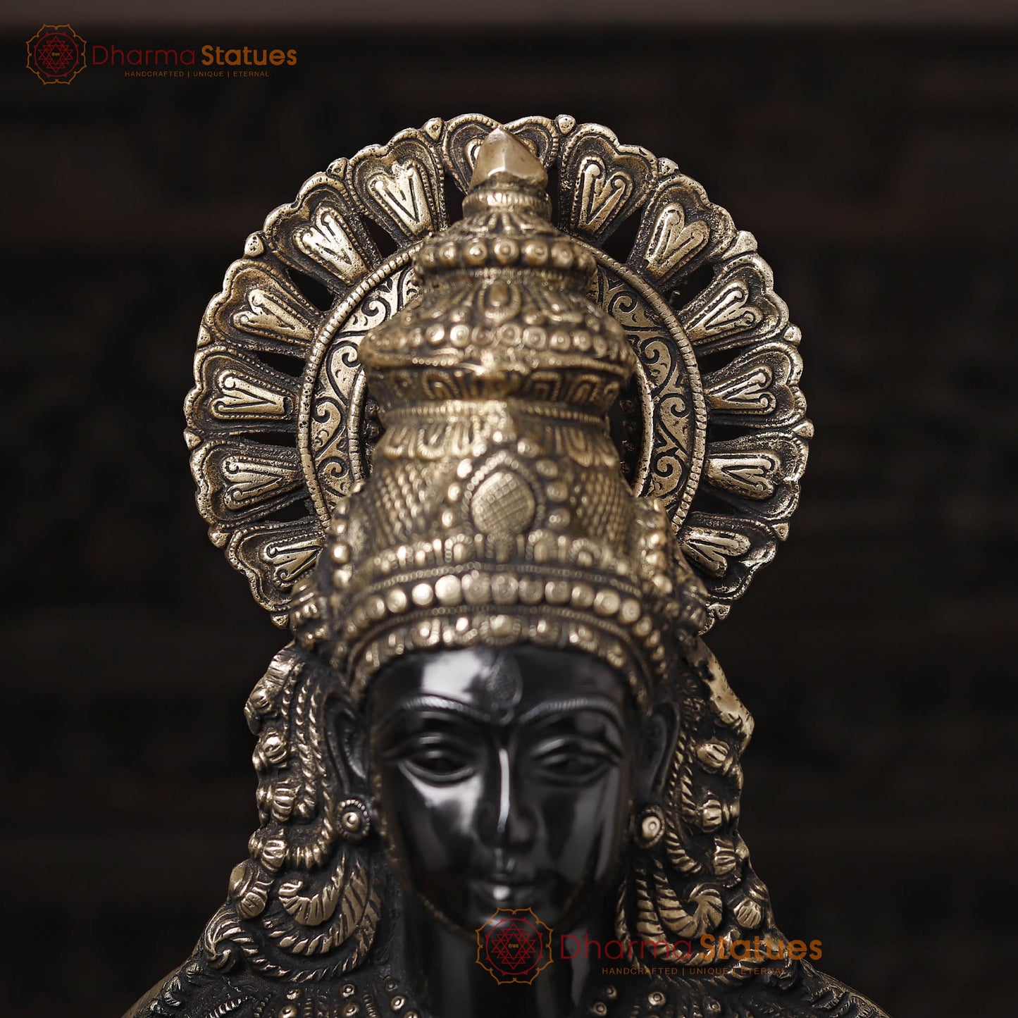 Brass Saraswati Idol, Seated on a Lotus Flower, Black Patina with Golden Finish, 27"