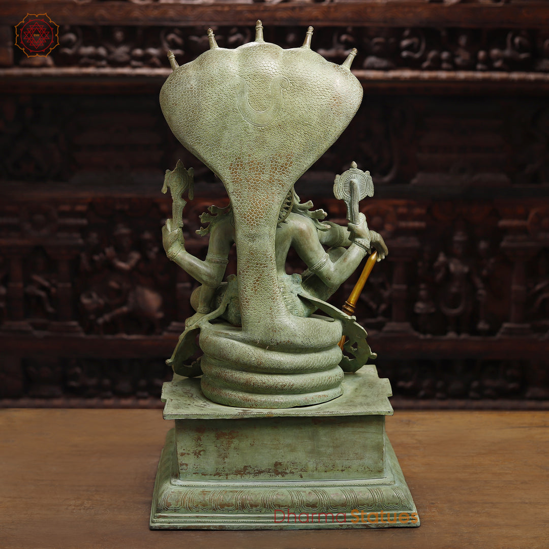Brass  Maha Abhishekam Vishnu Seated On Snake Throne, Antique Green Finish, 29"