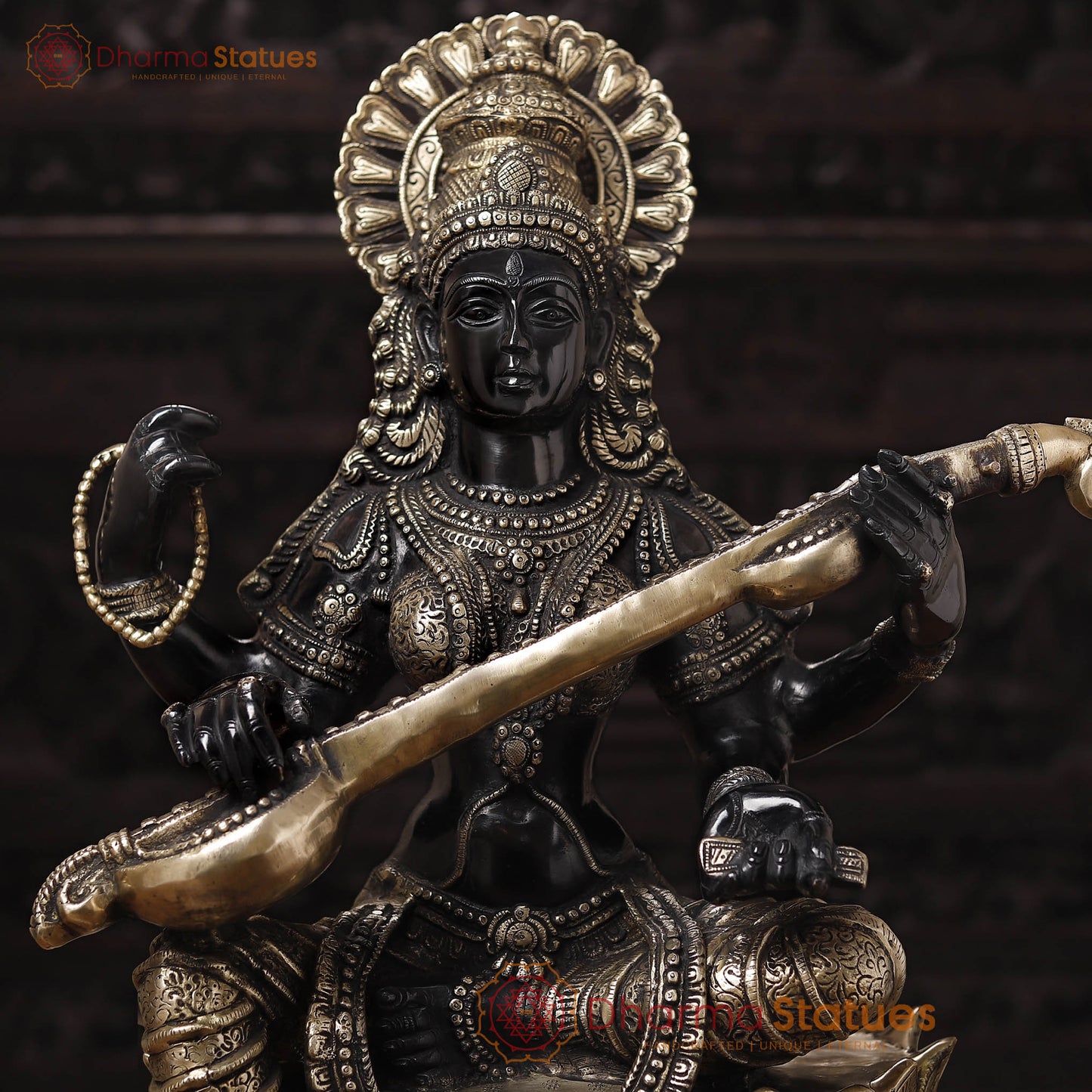 Brass Saraswati Idol, Seated on a Lotus Flower, Black Patina with Golden Finish, 27"