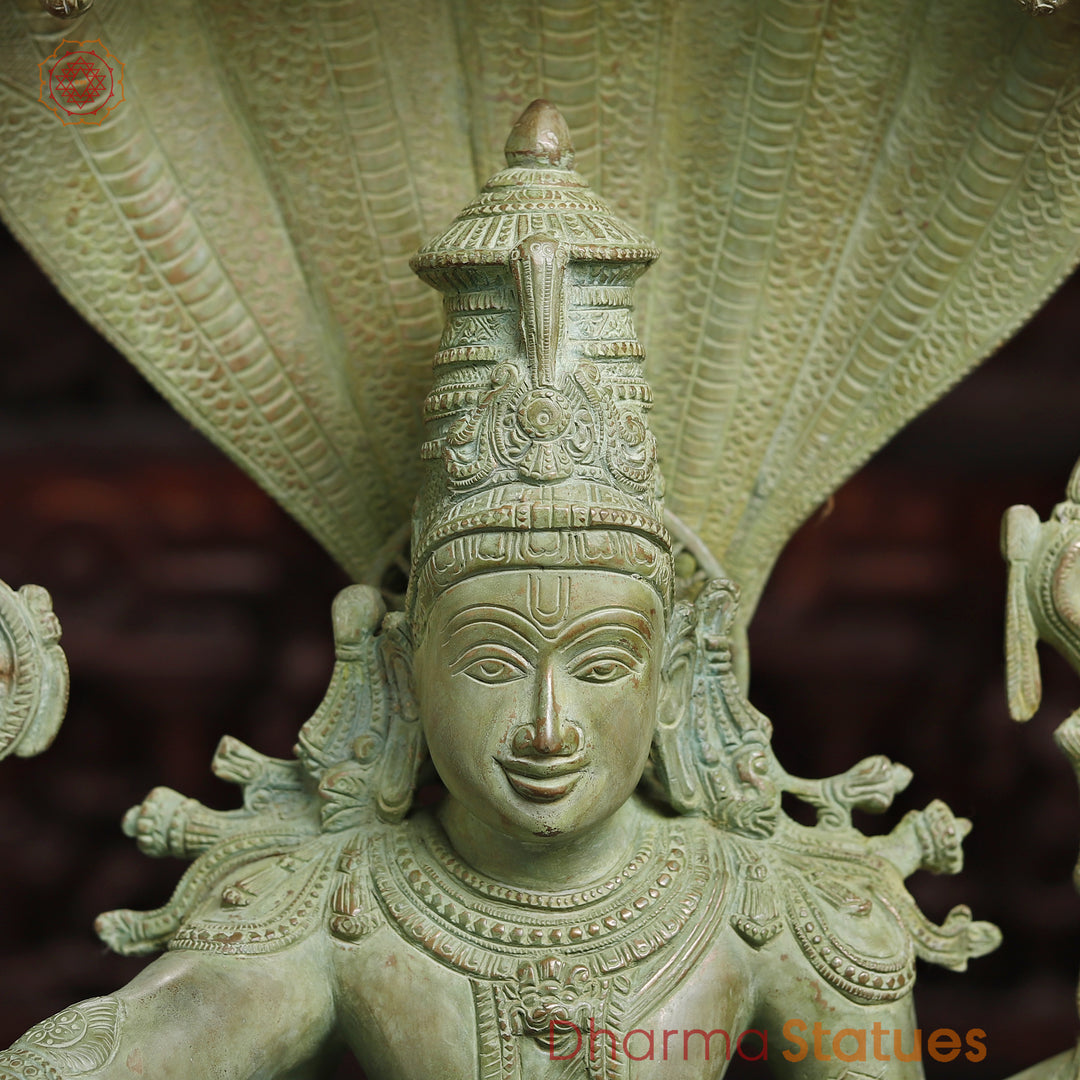 Brass  Maha Abhishekam Vishnu Seated On Snake Throne, Antique Green Finish, 29"