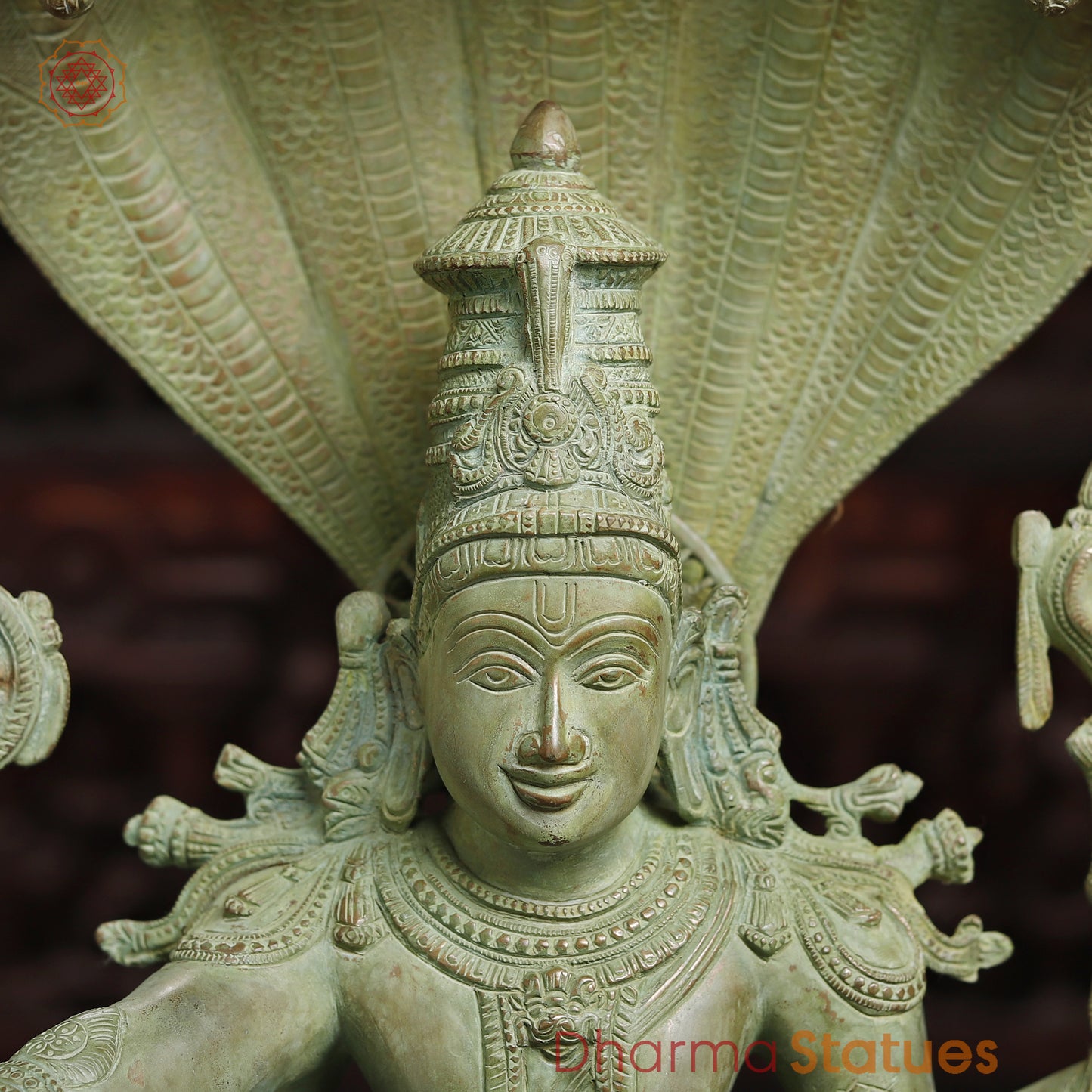 Brass  Maha Abhishekam Vishnu Seated On Snake Throne, Antique Green Finish, 29"