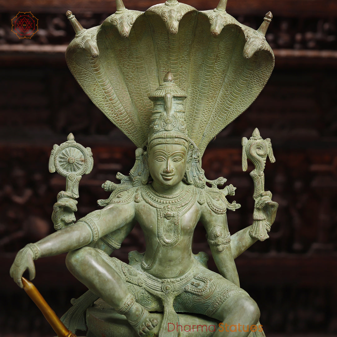 Brass  Maha Abhishekam Vishnu Seated On Snake Throne, Antique Green Finish, 29"
