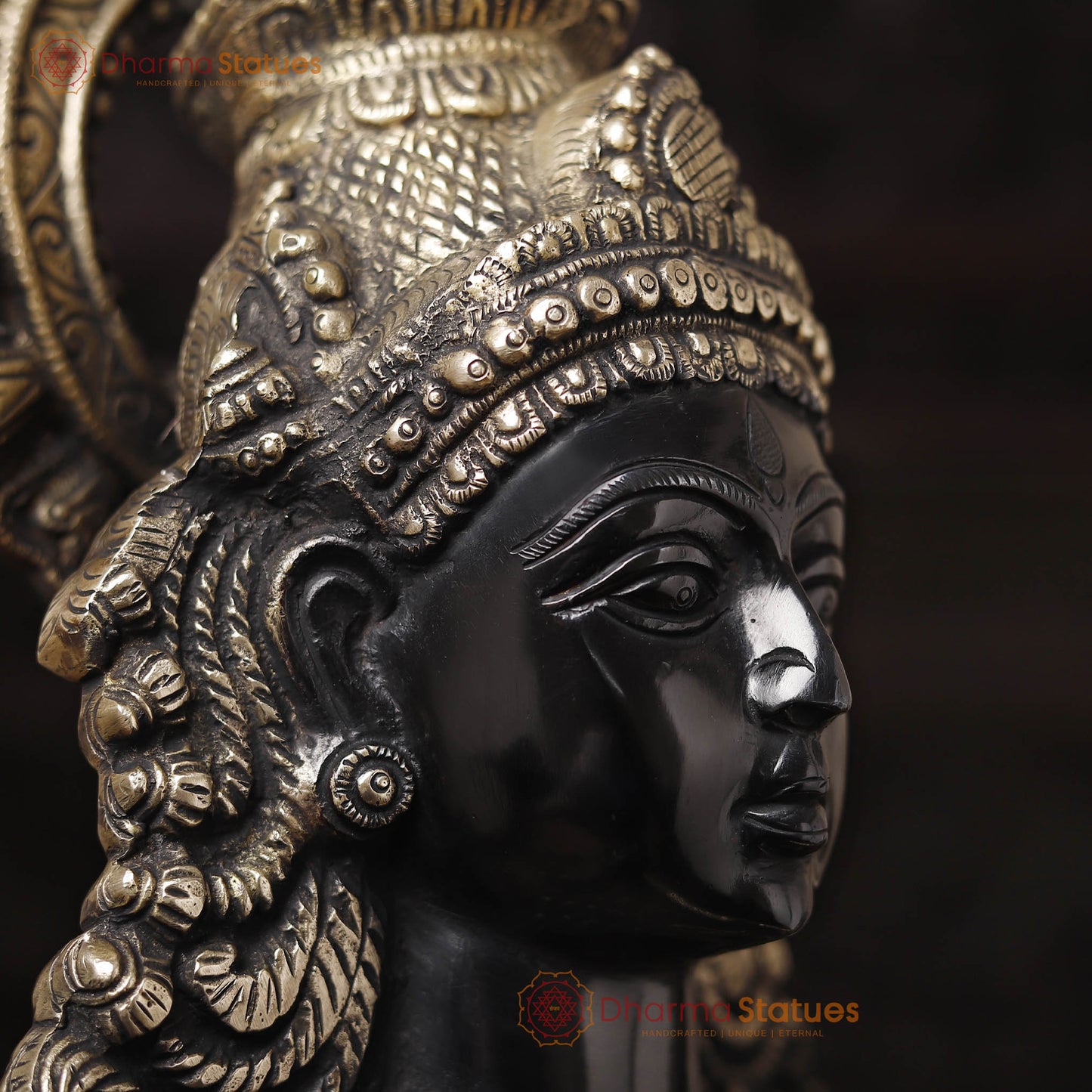 Brass Saraswati Idol, Seated on a Lotus Flower, Black Patina with Golden Finish, 27"