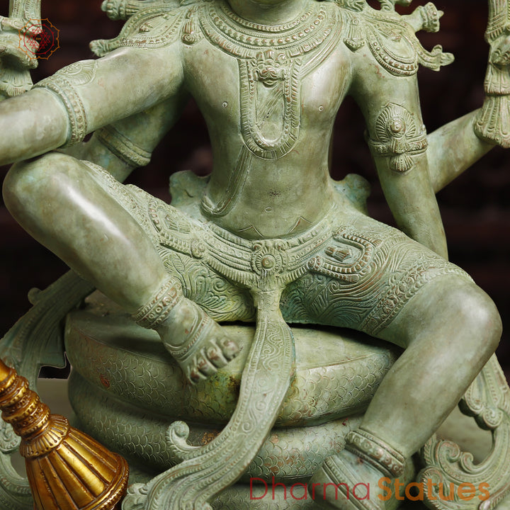 Brass  Maha Abhishekam Vishnu Seated On Snake Throne, Antique Green Finish, 29"