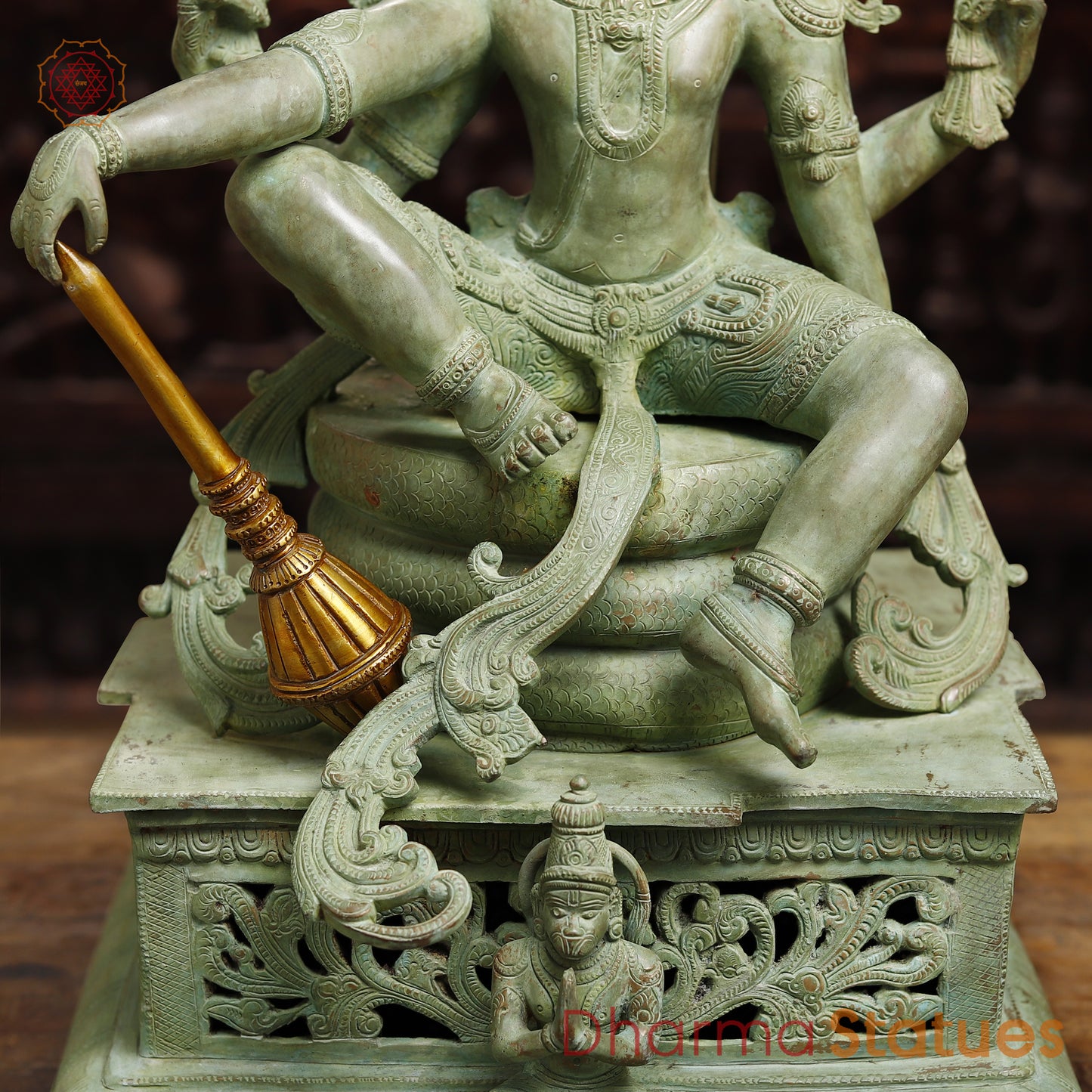 Brass  Maha Abhishekam Vishnu Seated On Snake Throne, Antique Green Finish, 29"