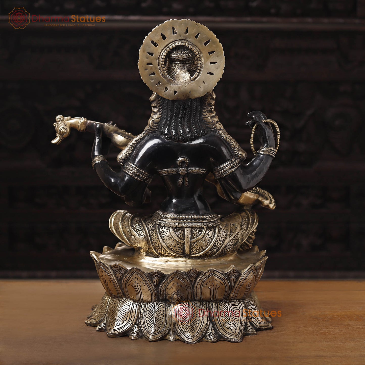 Brass Saraswati Idol, Seated on a Lotus Flower, Black Patina with Golden Finish, 27"