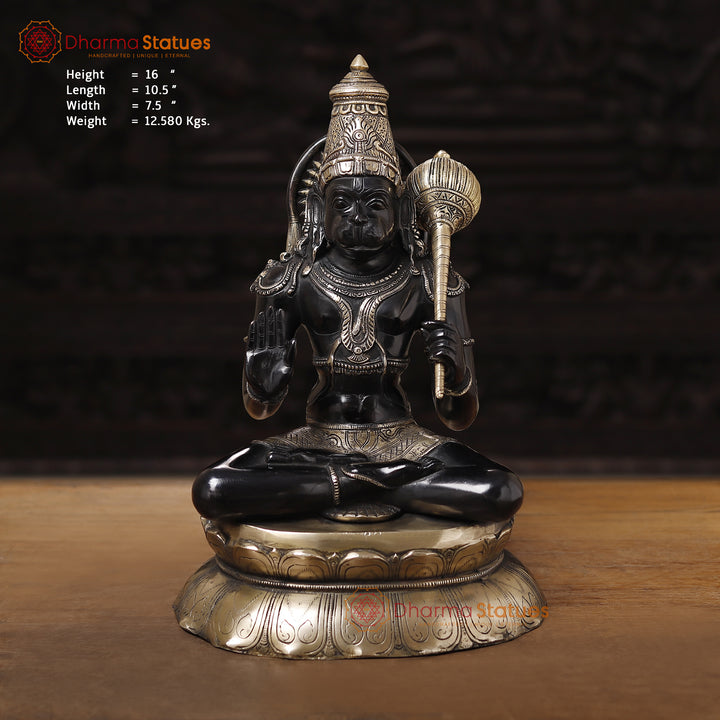 Brass Hanuman, Hanuman Ji is Sitting on a Lotus Platform. 16"
