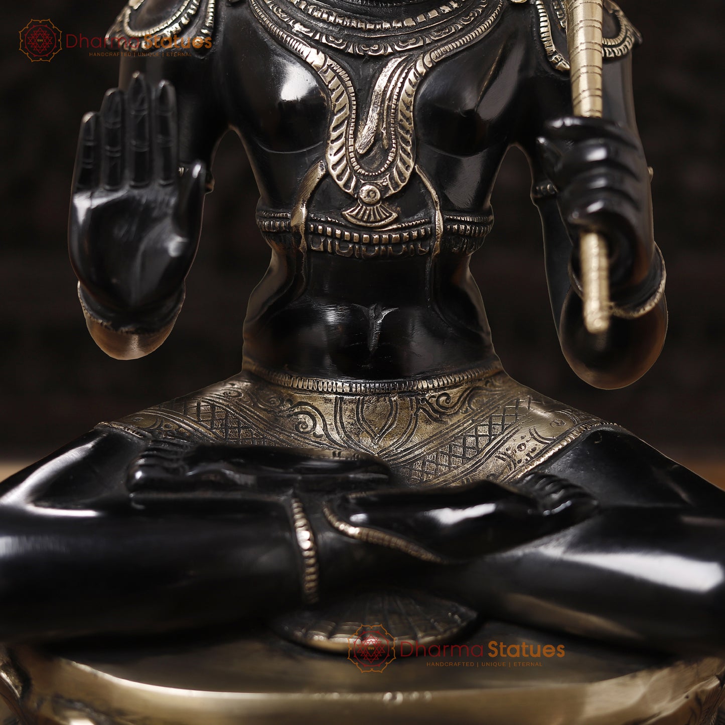 Brass Hanuman Statue Sitting on Lotus - Elegant Black &Golden Finish 16"